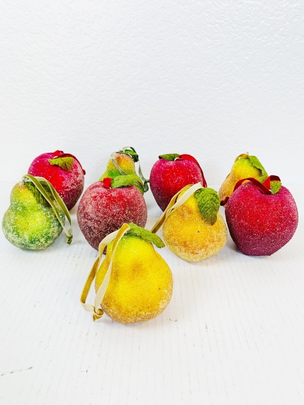 Frosted Sugared Icy Fruit Hanging Ornaments 9PC Set Apples Pears Life Size Decor